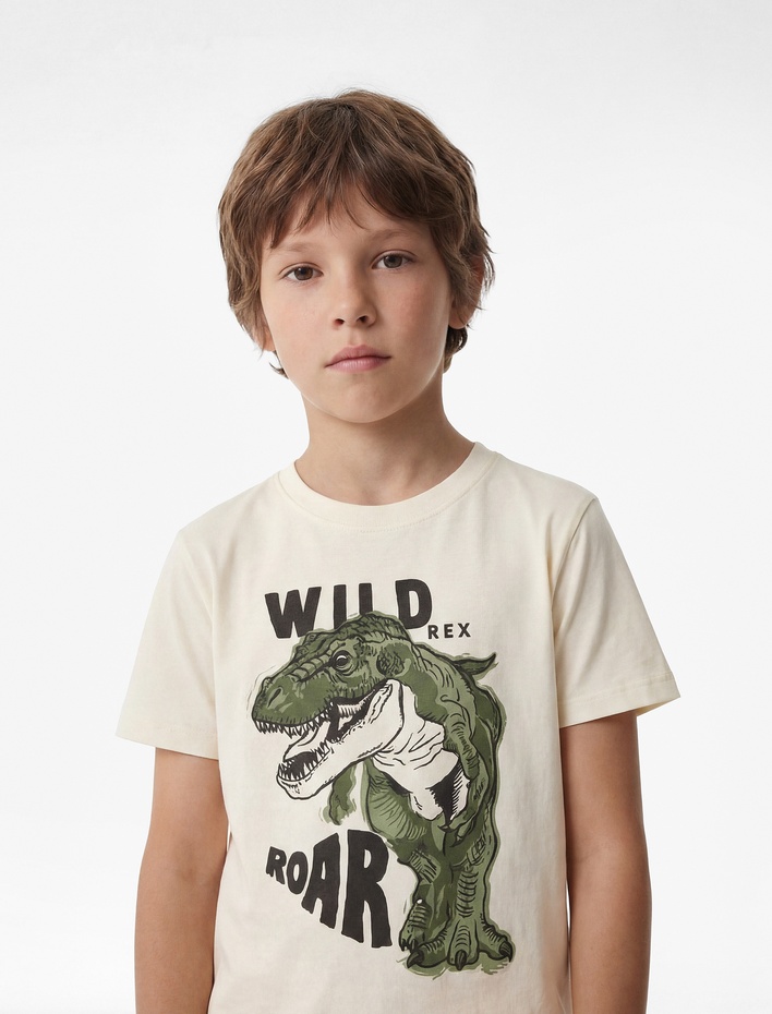 Erkek Çocuk Dinozor Baskılı Bisiklet Yaka Kısa Kollu Pamuklu Tişört