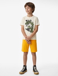 Dinozor Baskılı Bisiklet Yaka Kısa Kollu Pamuklu Tişört