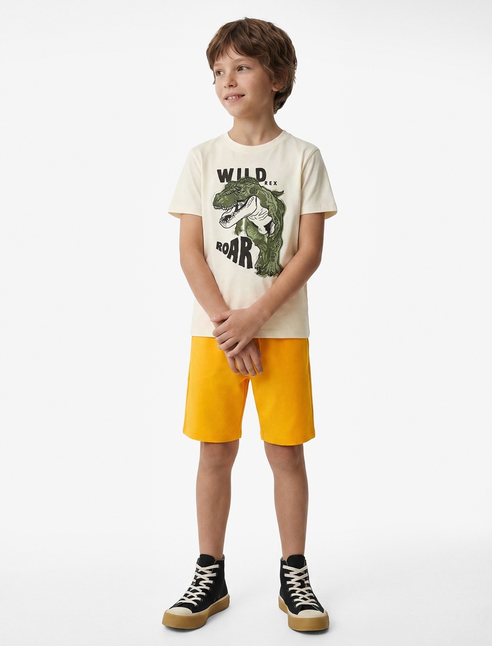 Erkek Çocuk Dinozor Baskılı Bisiklet Yaka Kısa Kollu Pamuklu Tişört
