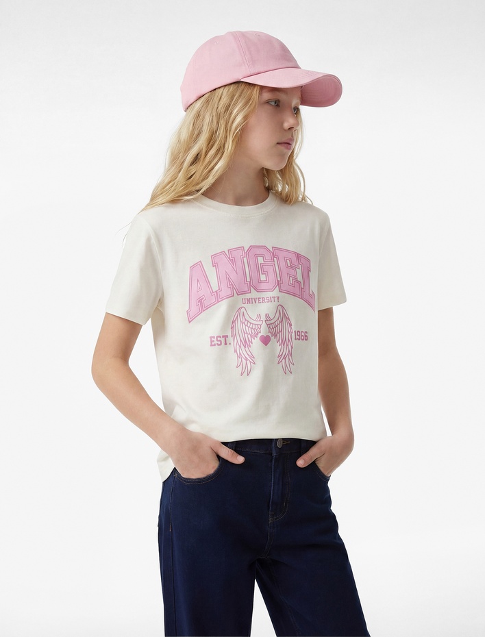 Kız Çocuk Baskılı Bisiklet Yaka Kısa Kollu Pamuklu Tişört