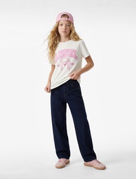 Baskılı Bisiklet Yaka Kısa Kollu Pamuklu Tişört