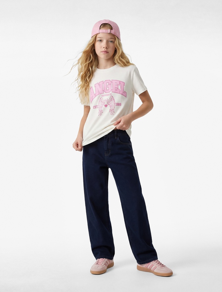 Kız Çocuk Baskılı Bisiklet Yaka Kısa Kollu Pamuklu Tişört