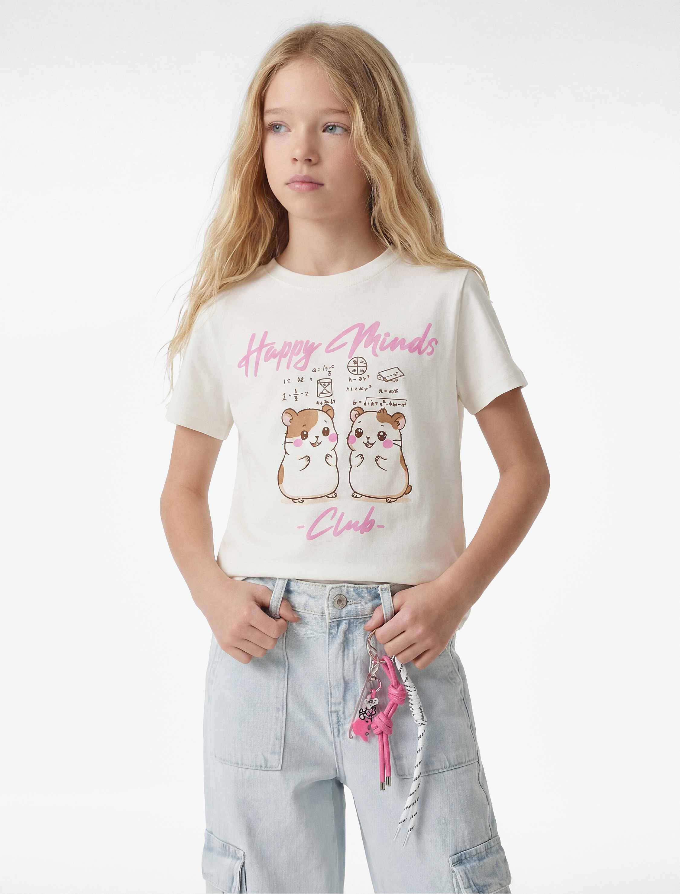  Kız Çocuk Baskılı Kısa Kollu Bisiklet Yaka Pamuklu Tişört