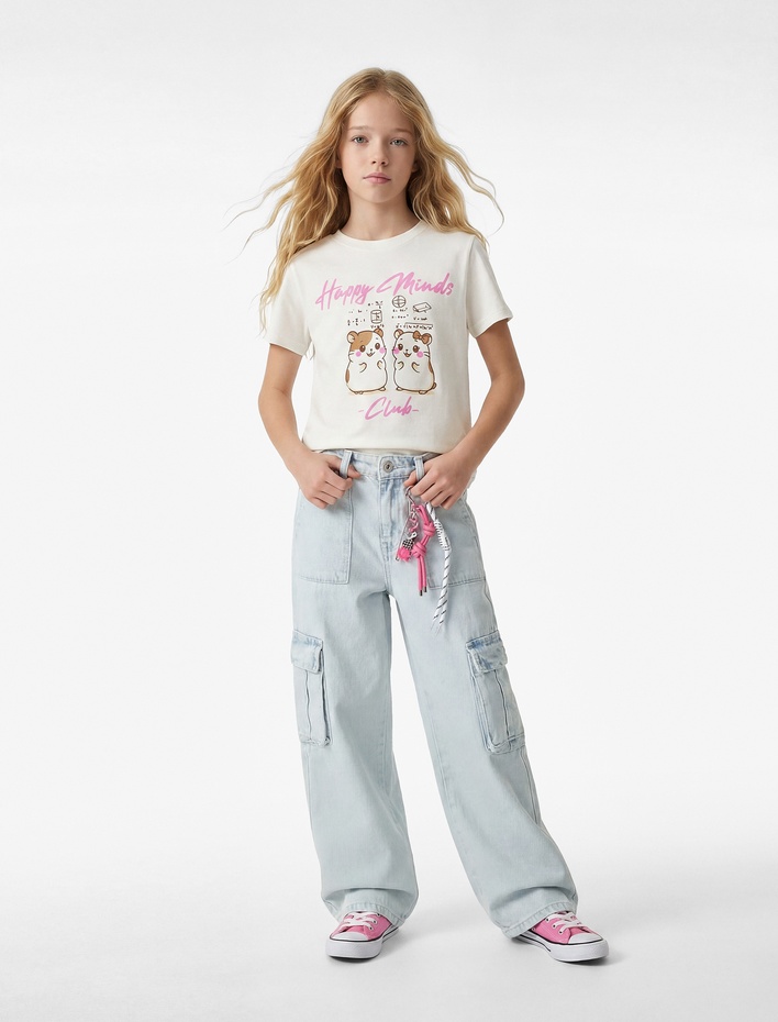 Kız Çocuk Baskılı Kısa Kollu Bisiklet Yaka Pamuklu Tişört