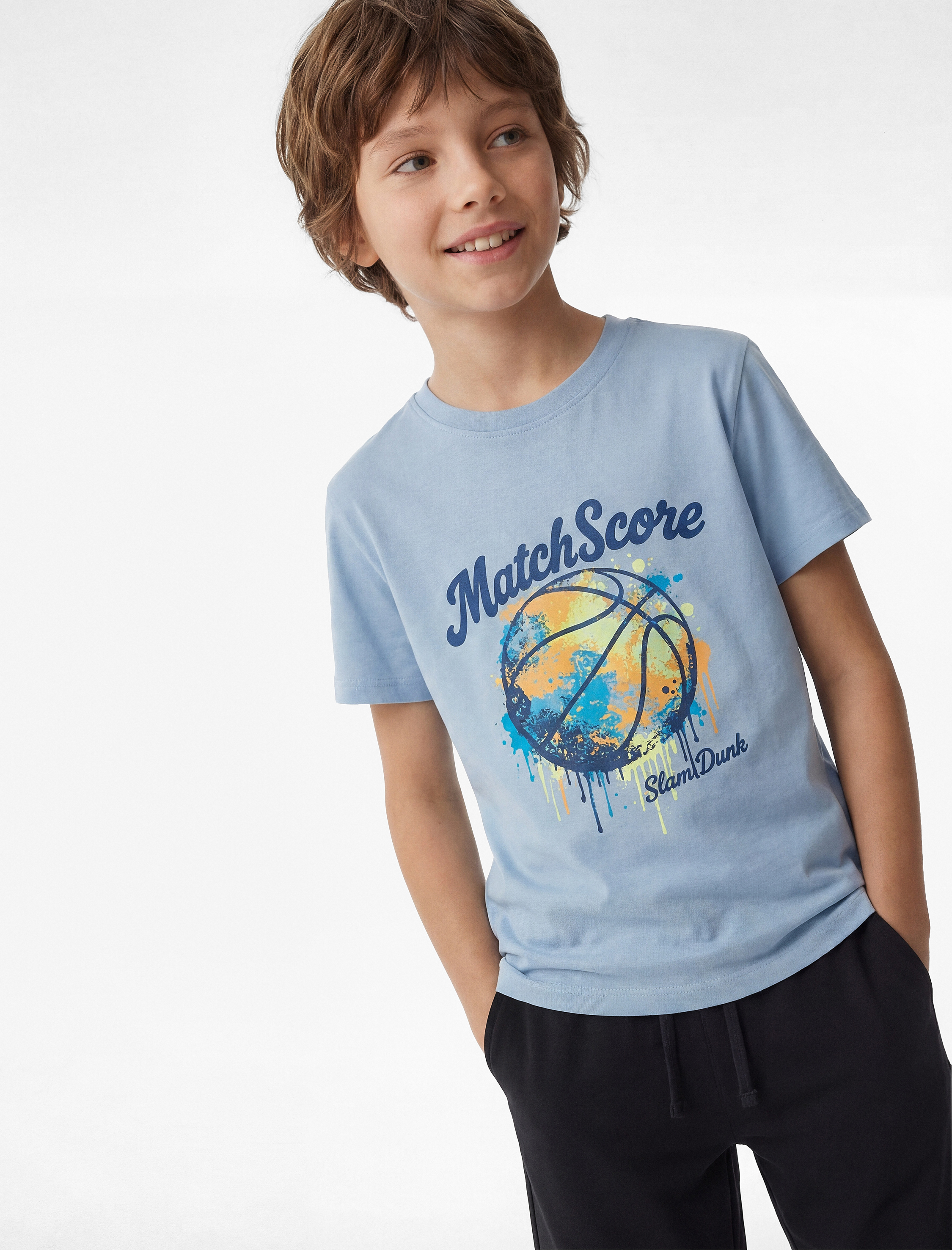  Erkek Çocuk Baskılı Bisiklet Yaka Kısa Kollu Pamuklu Tişört