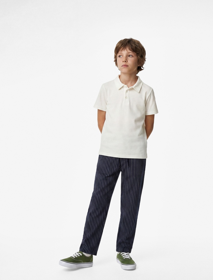 Erkek Çocuk Pamuklu Beli Bağcıklı Cepli Çizgili Pantolon