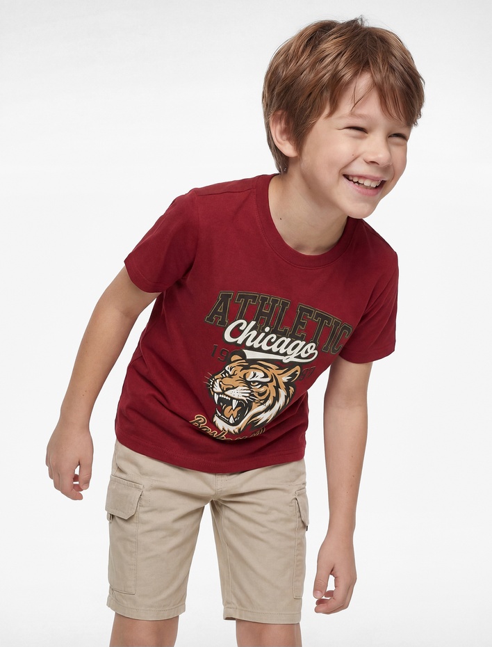 Erkek Çocuk Kaplan Baskılı Bisiklet Yaka Kısa Kollu Pamuklu Tişört