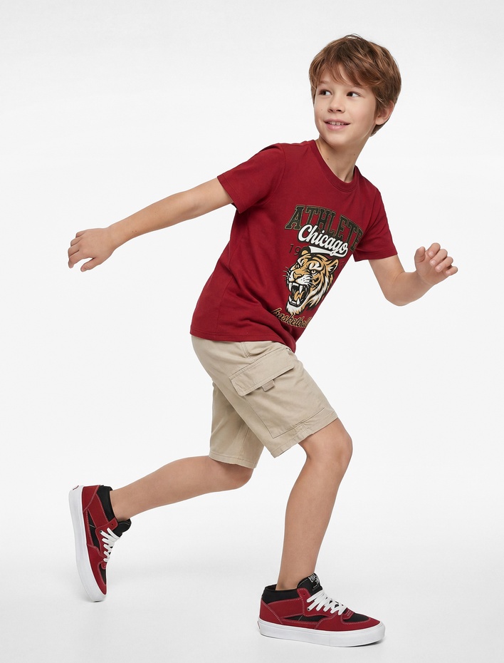 Erkek Çocuk Kaplan Baskılı Bisiklet Yaka Kısa Kollu Pamuklu Tişört