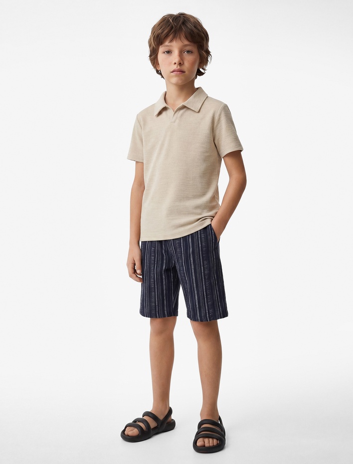 Erkek Çocuk Desenli Bürümcük Kumaş Bermuda Çizgili Şort