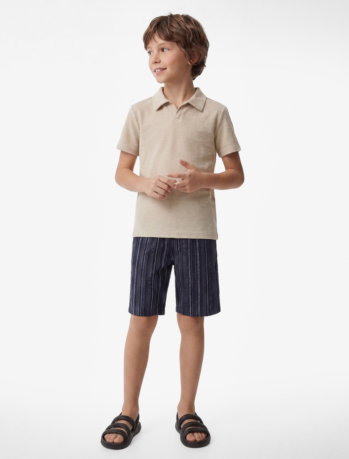 Erkek Çocuk Desenli Bürümcük Kumaş Bermuda Çizgili Şort