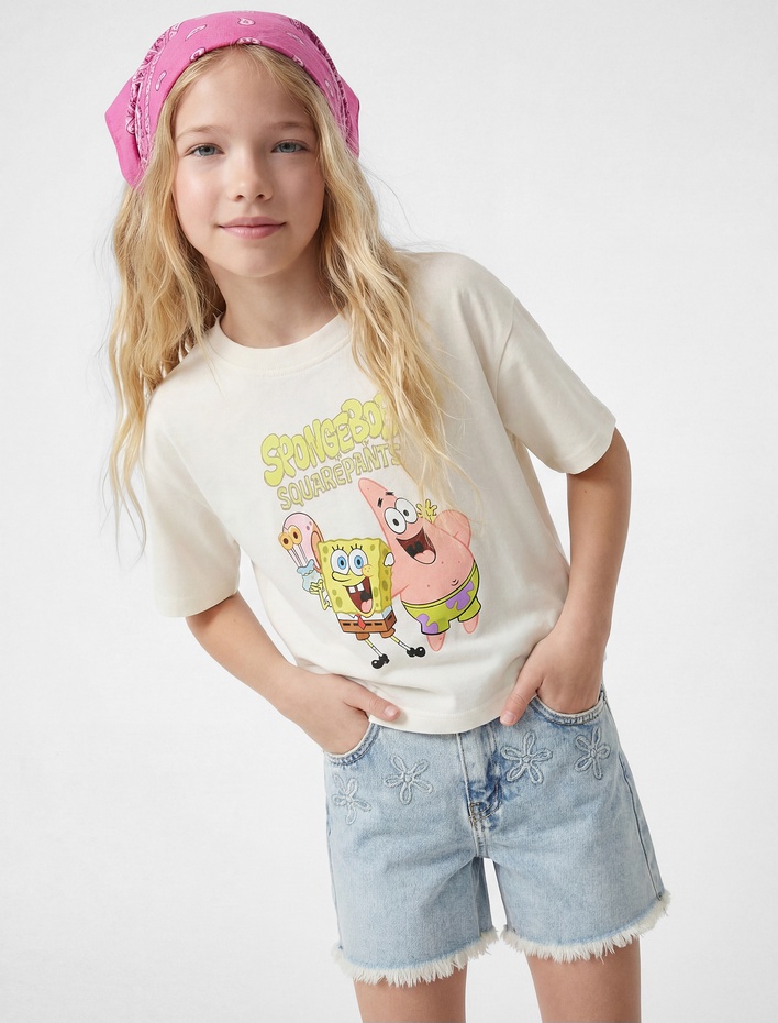 Kız Çocuk Lisanslı SpongeBob Baskılı Kısa Kollu Pamuklu Tişört