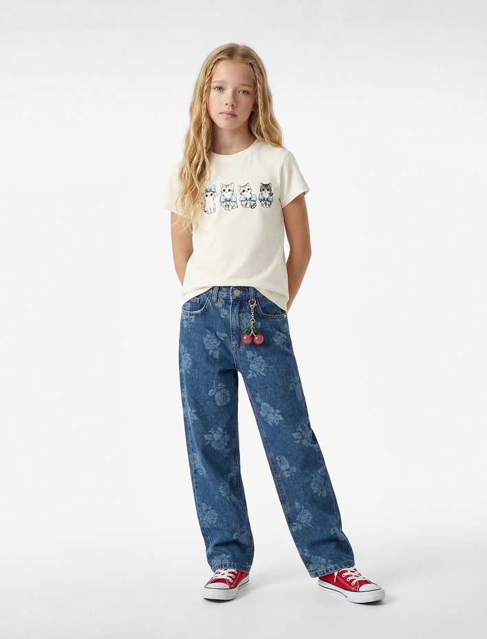 Kız Çocuk Pamuklu Kısa Kollu Bisiklet Yaka Kedi Baskılı Tişört