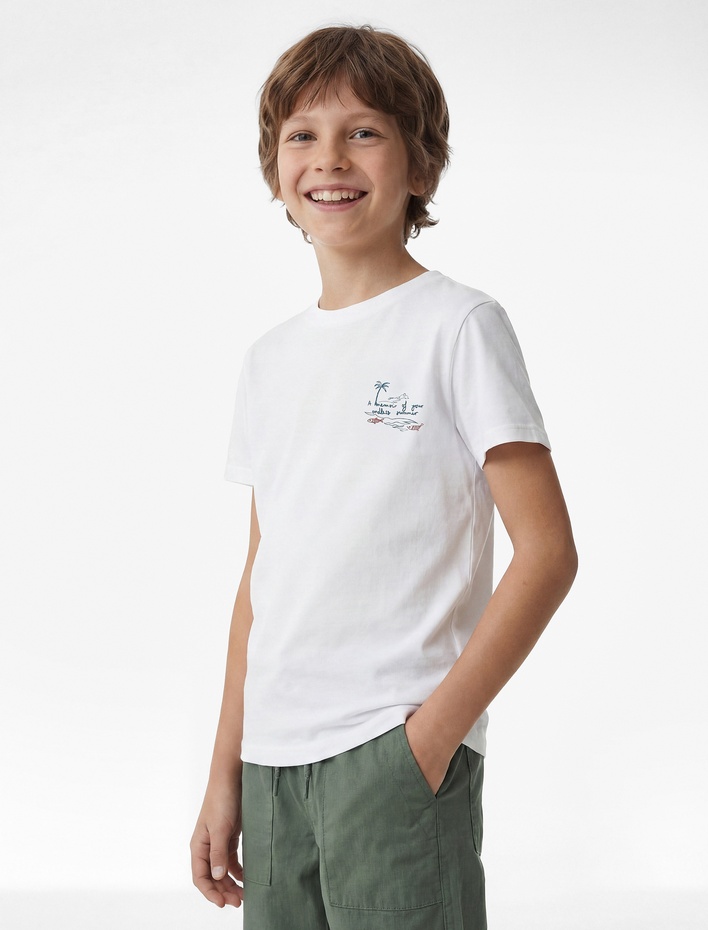 Erkek Çocuk Pamuklu Bisiklet Yaka Kısa Kollu Arkası Baskılı Tişört