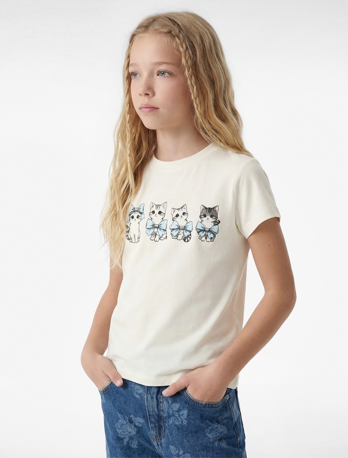 Kız Çocuk Pamuklu Kısa Kollu Bisiklet Yaka Kedi Baskılı Tişört