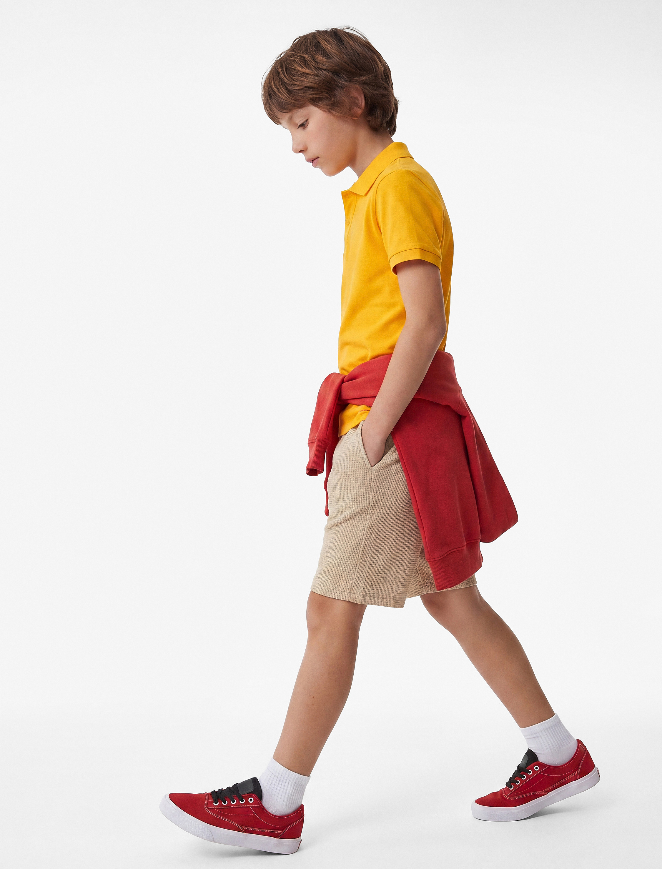  Erkek Çocuk Pamuklu Beli Bağlamalı Dokulu Basic Şort