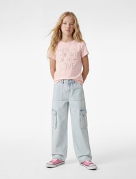 Fiyonk Detaylı Baskılı Bisiklet Yaka Kısa Kollu Pamuklu Tişört