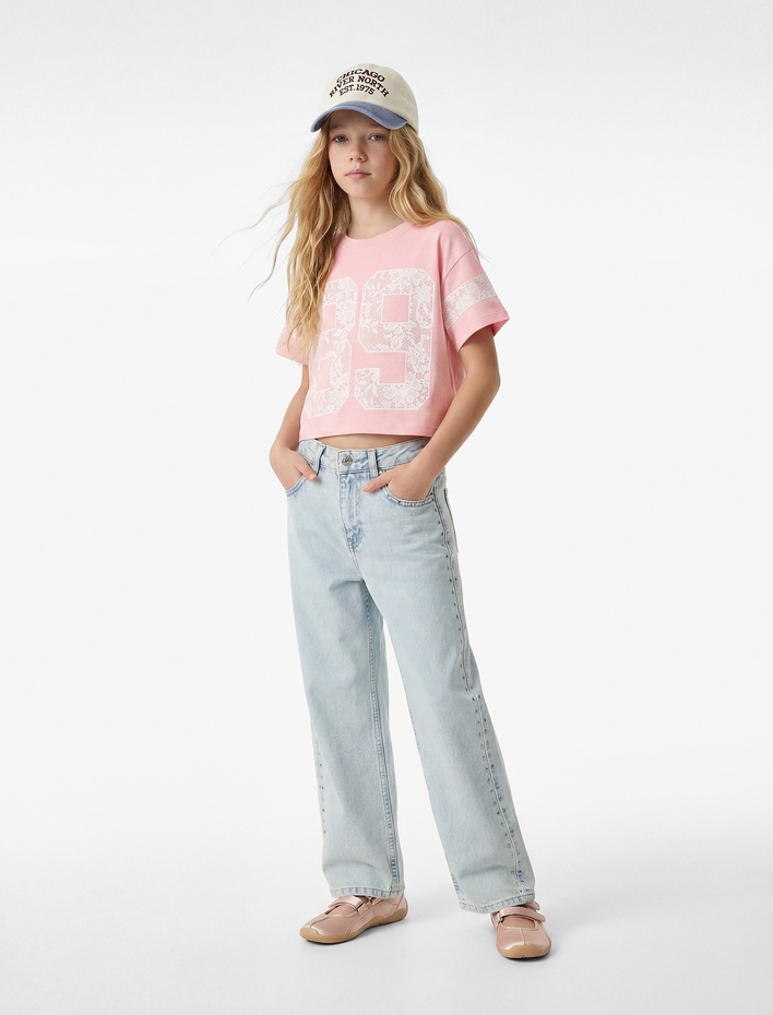 Kız Çocuk Pamuklu Kısa Kollu Bisiklet Yaka Baskılı Tişört