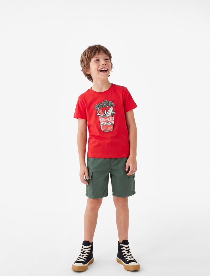 Erkek Çocuk Pamuklu Kısa Kollu Bisiklet Yaka Baskılı Tişört