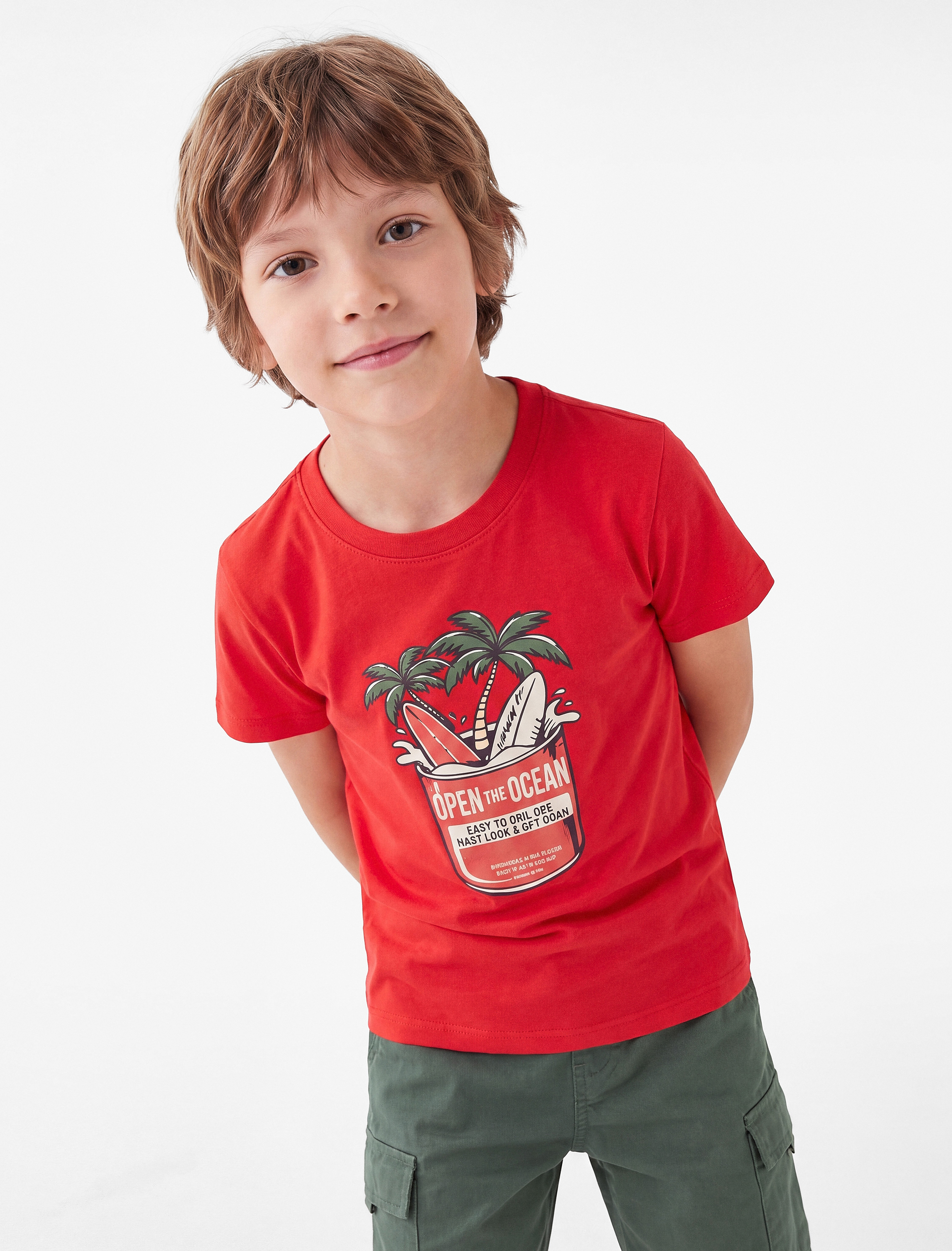  Erkek Çocuk Pamuklu Kısa Kollu Bisiklet Yaka Baskılı Tişört