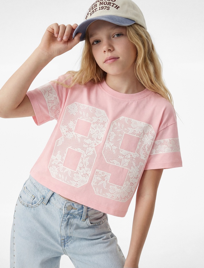 Kız Çocuk Pamuklu Kısa Kollu Bisiklet Yaka Baskılı Tişört