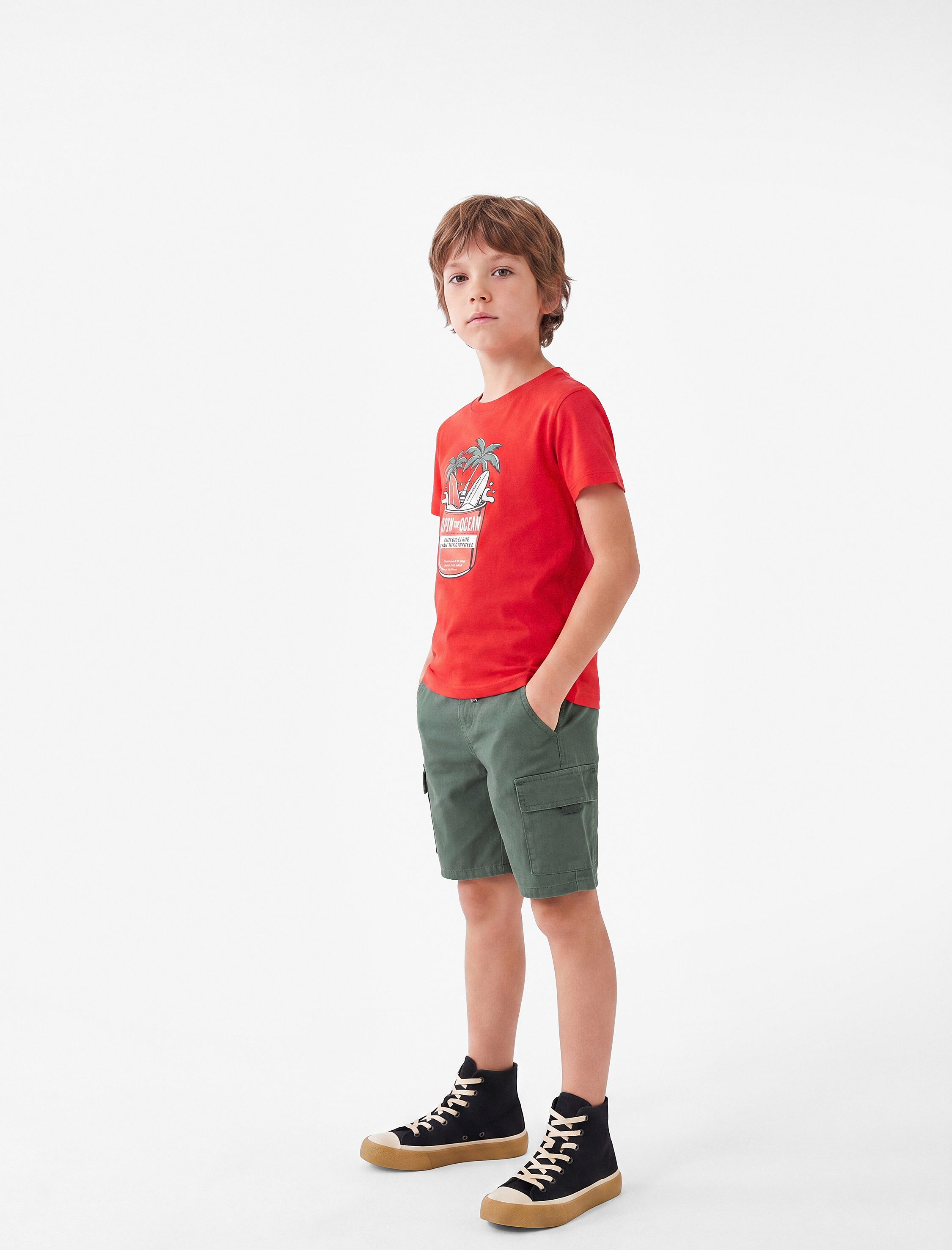  Erkek Çocuk Pamuklu Kısa Kollu Bisiklet Yaka Baskılı Tişört