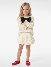 Uzun Kollu Pamuk Viskon Karışımlı Dokulu Bisiklet Yaka Fiyonklu Puantiye Desenli Müslin Elbise