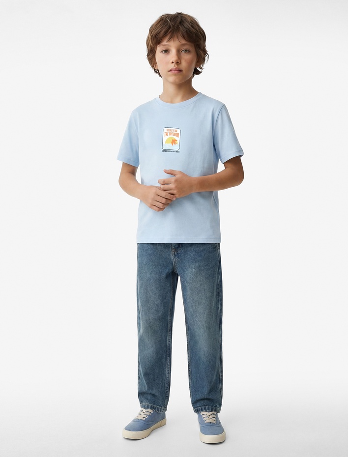 Erkek Çocuk Baskılı Kısa Kollu Bisiklet Yaka Pamuklu Tişört