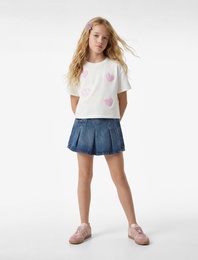 Bisiklet Yaka Pullu Payetli Kalpli Pamuklu Kısa Kollu Tişört