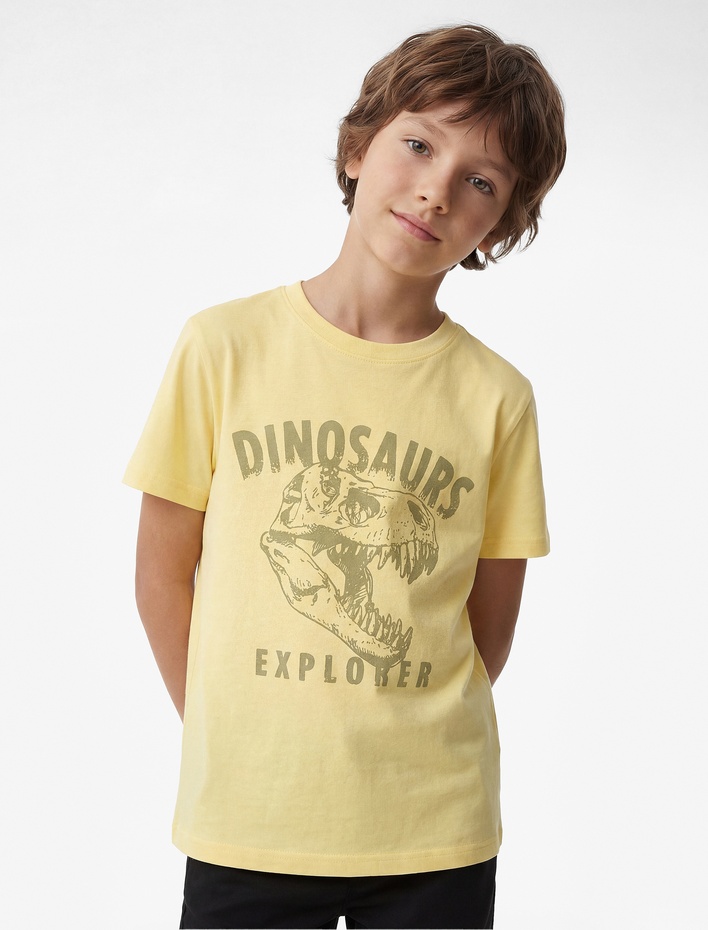 Erkek Çocuk Pamuklu Kısa Kollu Bisiklet Yaka Dinozor Baskılı Tişört