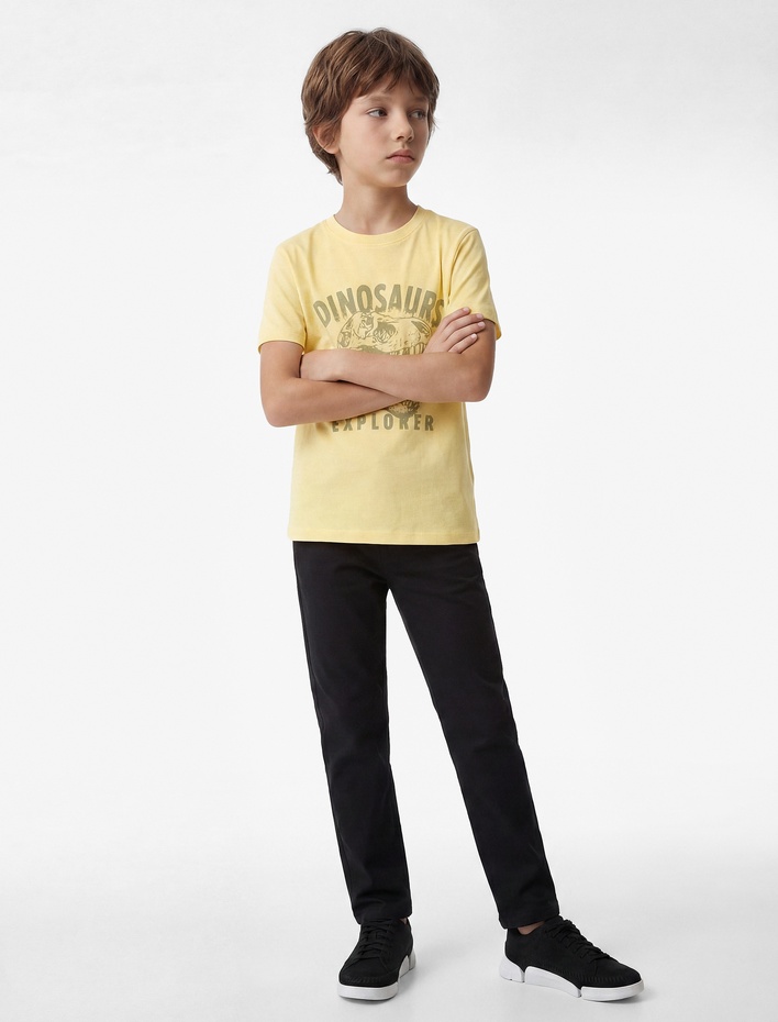 Erkek Çocuk Pamuklu Kısa Kollu Bisiklet Yaka Dinozor Baskılı Tişört