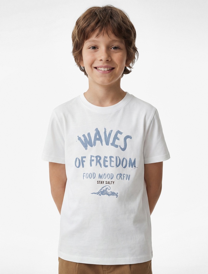 Erkek Çocuk Pamuklu Kısa Kollu Bisiklet Yaka Baskılı Tişört