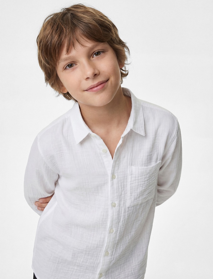 Erkek Çocuk Uzun Kollu Klasik Yaka Cepli Yaka Basic Gömlek