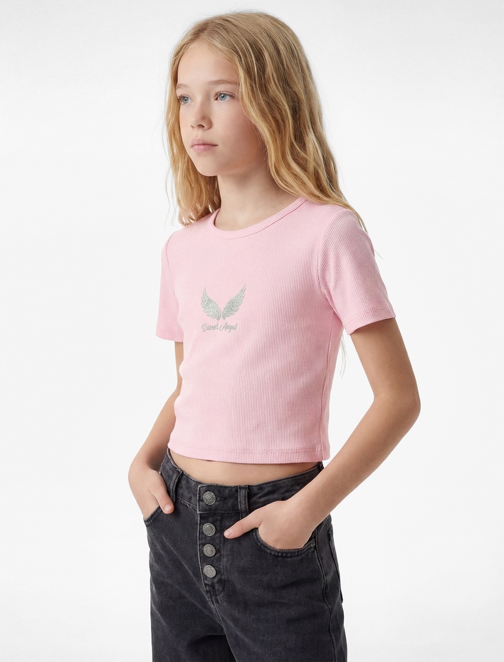 Kız Çocuk Pamuklu Bisiklet Yaka Kısa Kollu Baskılı Tişört