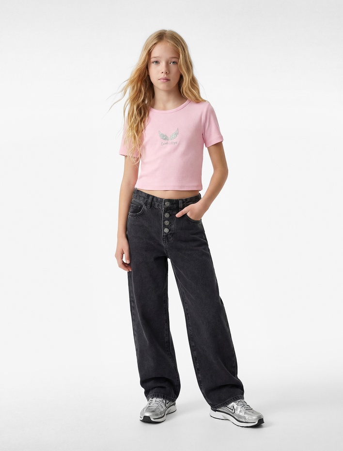 Kız Çocuk Pamuklu Bisiklet Yaka Kısa Kollu Baskılı Tişört