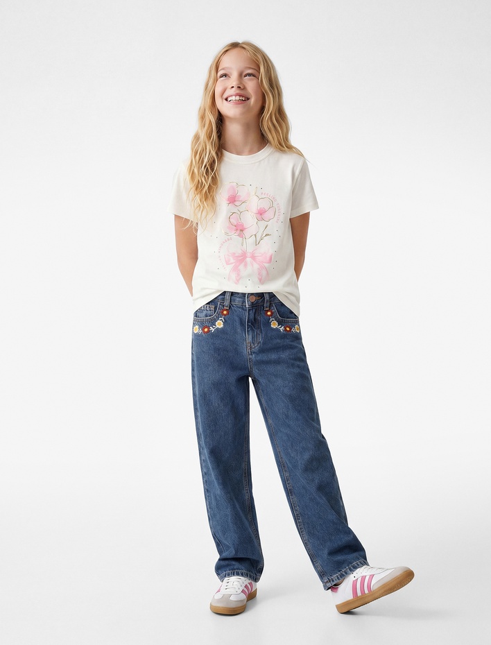 Kız Çocuk Taş Detaylı Kısa Kollu Bisiklet Yaka Çiçek Baskılı Pamuklu Tişört