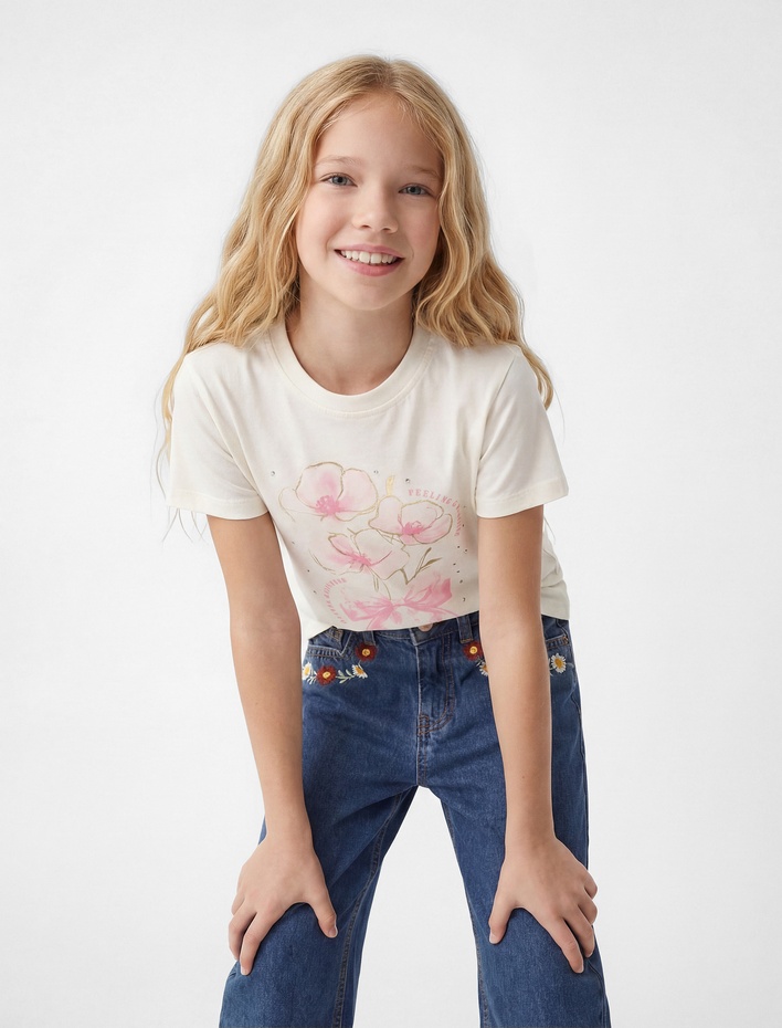 Kız Çocuk Taş Detaylı Kısa Kollu Bisiklet Yaka Çiçek Baskılı Pamuklu Tişört