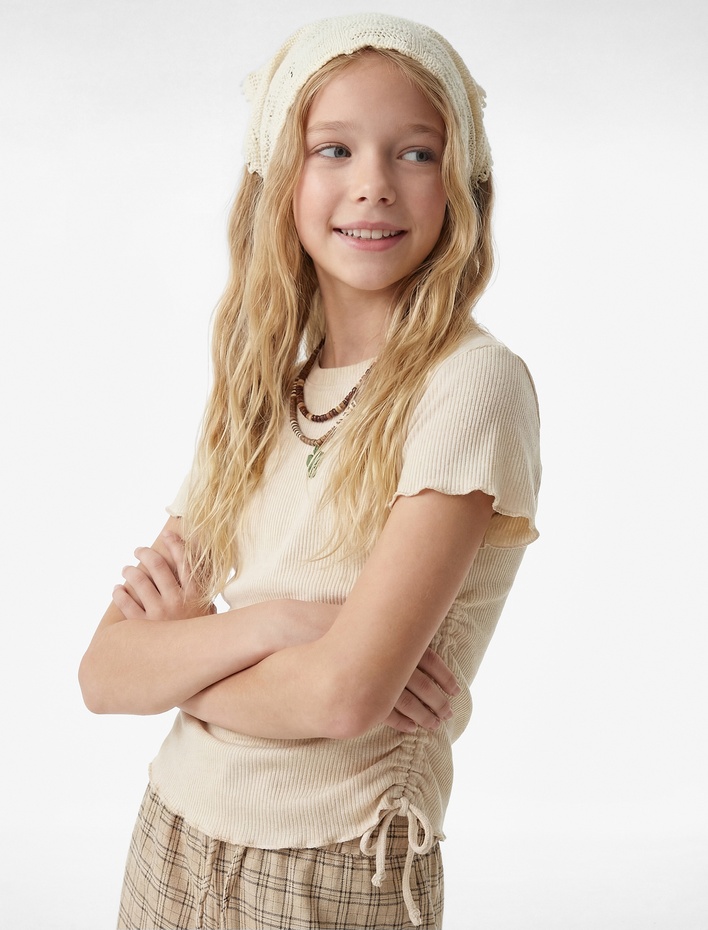 Kız Çocuk Pamuklu Büzgülü Bisiklet Yaka Kısa Kollu Tişört