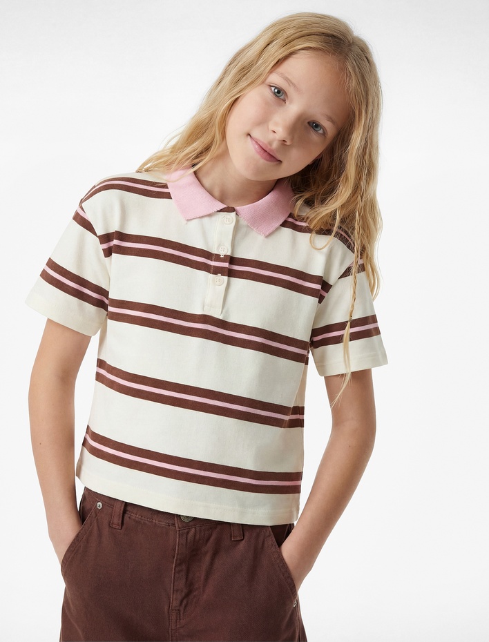 Kız Çocuk Pamuklu Kısa Kollu Çizgili  Polo Yaka Tişört