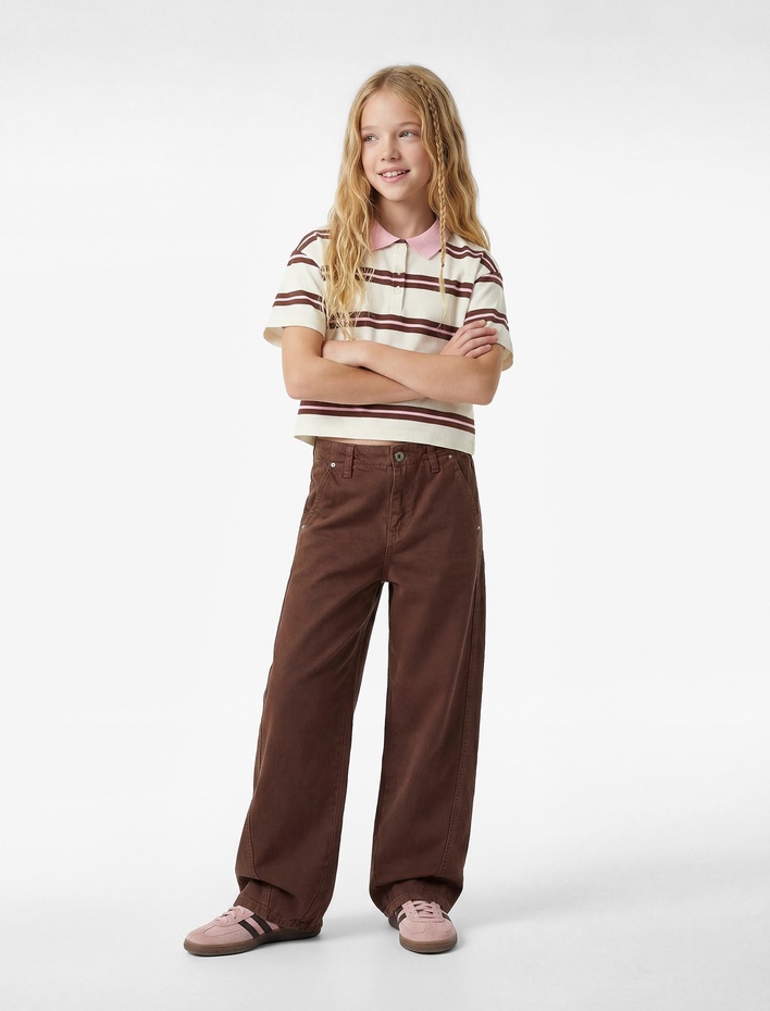 Kız Çocuk Pamuklu Kısa Kollu Çizgili  Polo Yaka Tişört