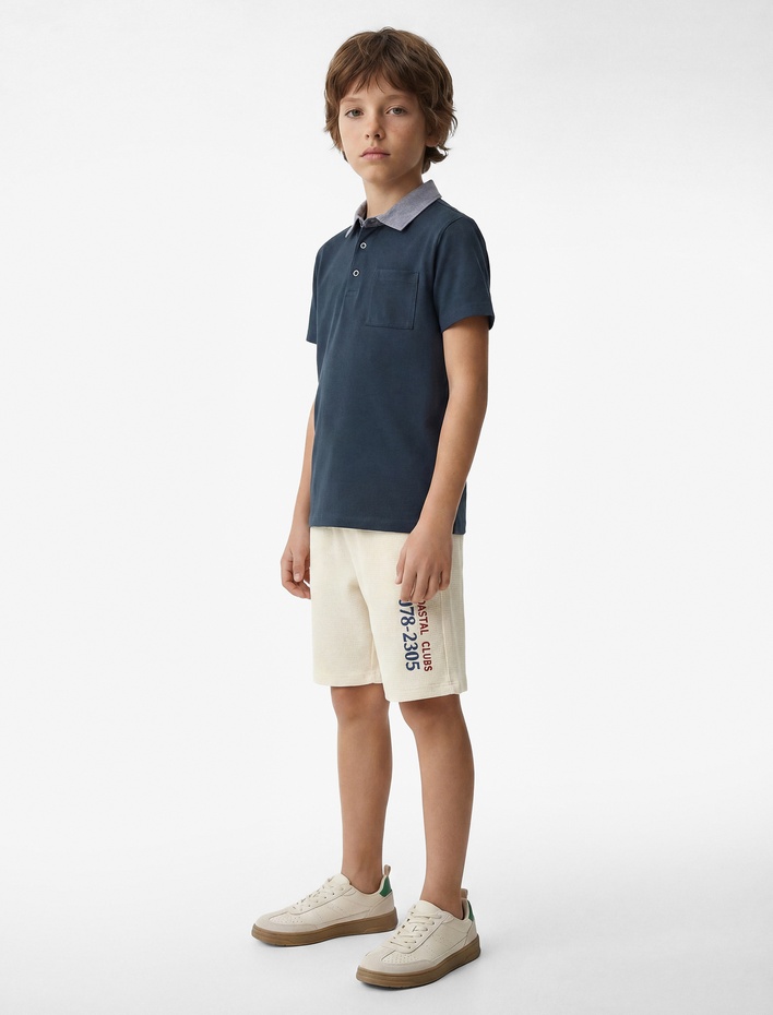 Erkek Çocuk Cepli Pamuklu Dokulu Beli Lastikli Baskılı Şort