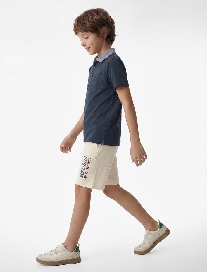 Erkek Çocuk Cepli Pamuklu Dokulu Beli Lastikli Baskılı Şort