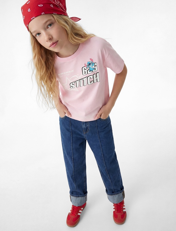 Kız Çocuk Kısa Kollu Bisiklet Yaka Pamuklu Stitch Baskılı Lisanslı Tişört