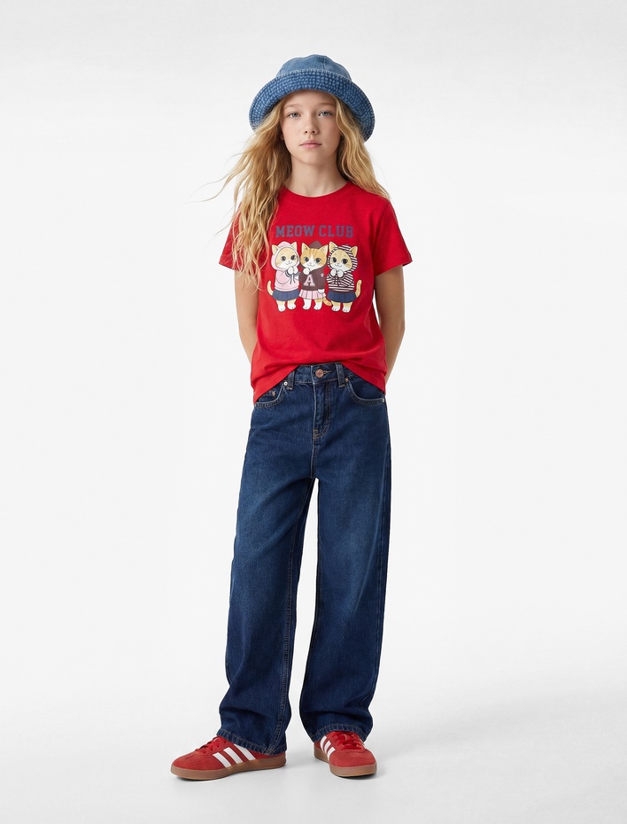 Kız Çocuk Pamuklu Kısa Kollu Bisiklet Yaka Kedi Baskılı Tişört