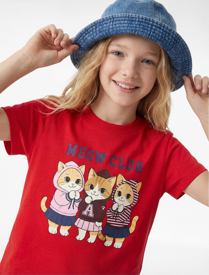 Kız Çocuk Pamuklu Kısa Kollu Bisiklet Yaka Kedi Baskılı Tişört