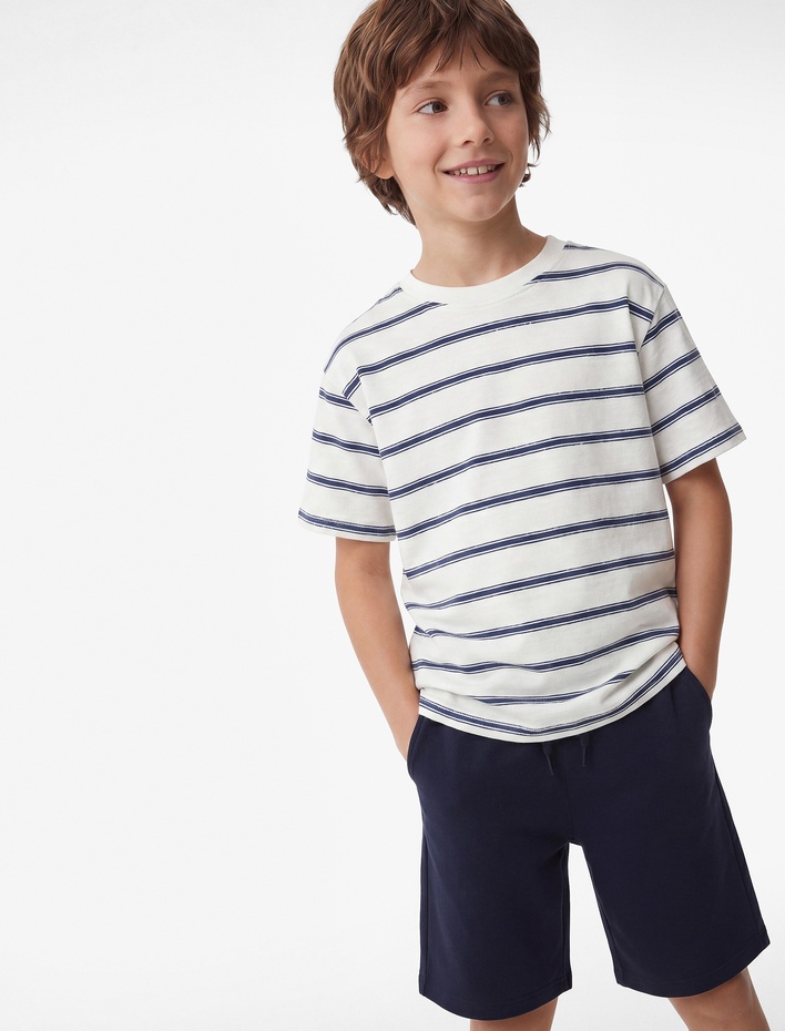 Erkek Çocuk Pamuklu Kısa Kollu Bisiklet Yaka Çizgili Tişört