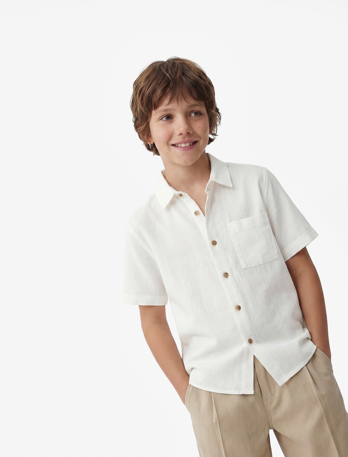 Erkek Çocuk Keten ve Viskon Karışımlı Düğmeli Cepli Basic Kısa Kollu Gömlek