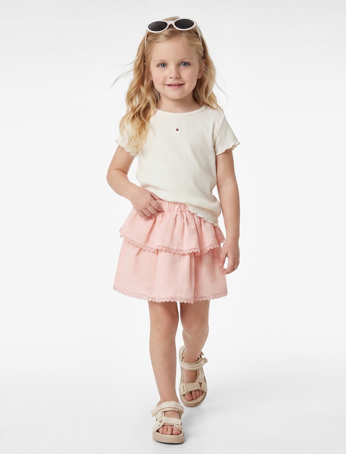 Kız Bebek Beli Lastikli Pamuklu Kat Detaylı Müslin Etek