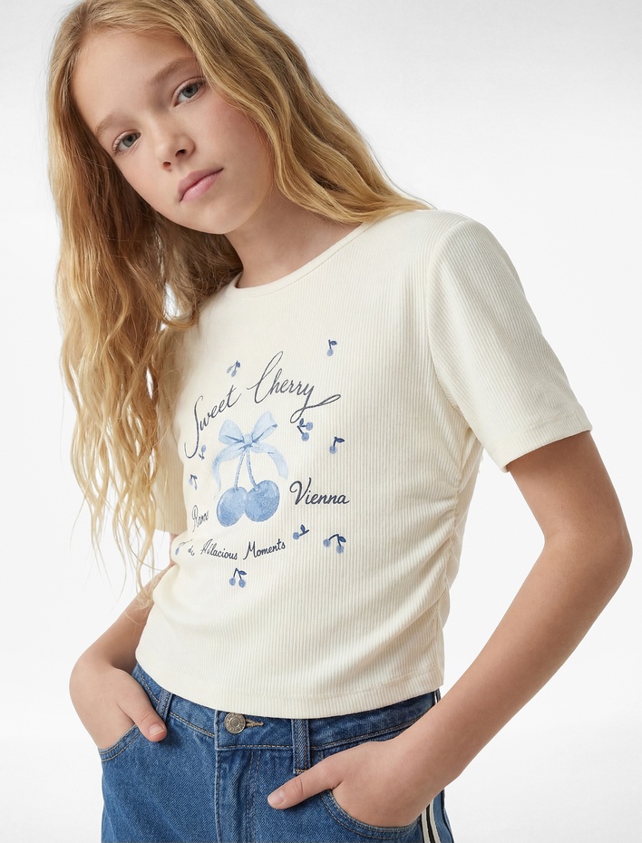Kız Çocuk Pamuklu Kısa Kollu Bisiklet Yaka Kiraz Baskılı Tişört