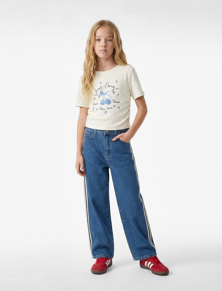 Kız Çocuk Pamuklu Kısa Kollu Bisiklet Yaka Kiraz Baskılı Tişört