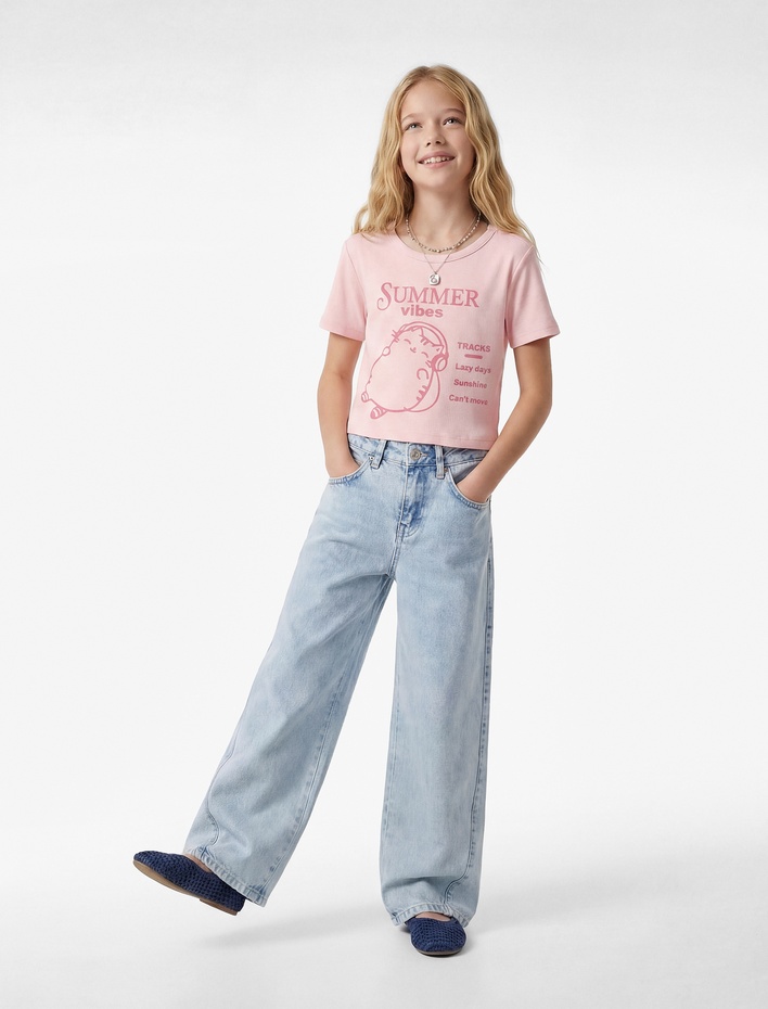 Kız Çocuk Pamuklu Kısa Kollu Bisiklet Yaka Baskılı Tişört